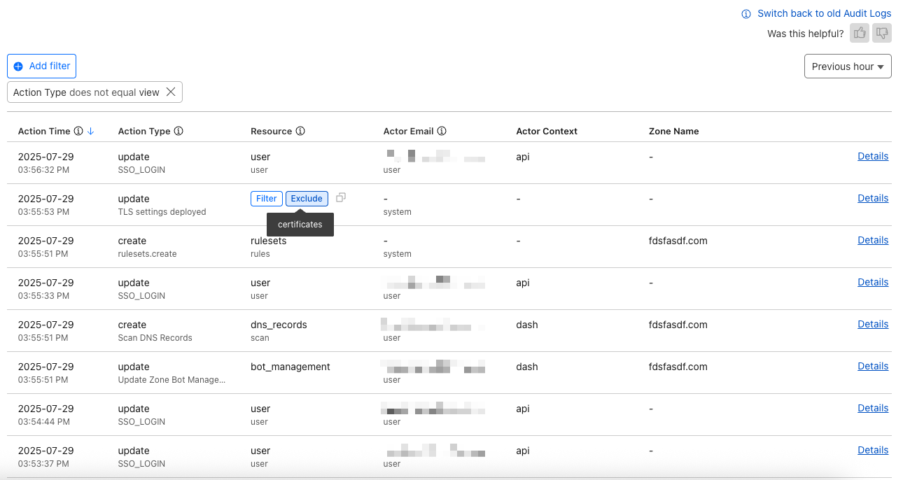 Cloudflare 官方文档中的审计日志筛选界面示意图
